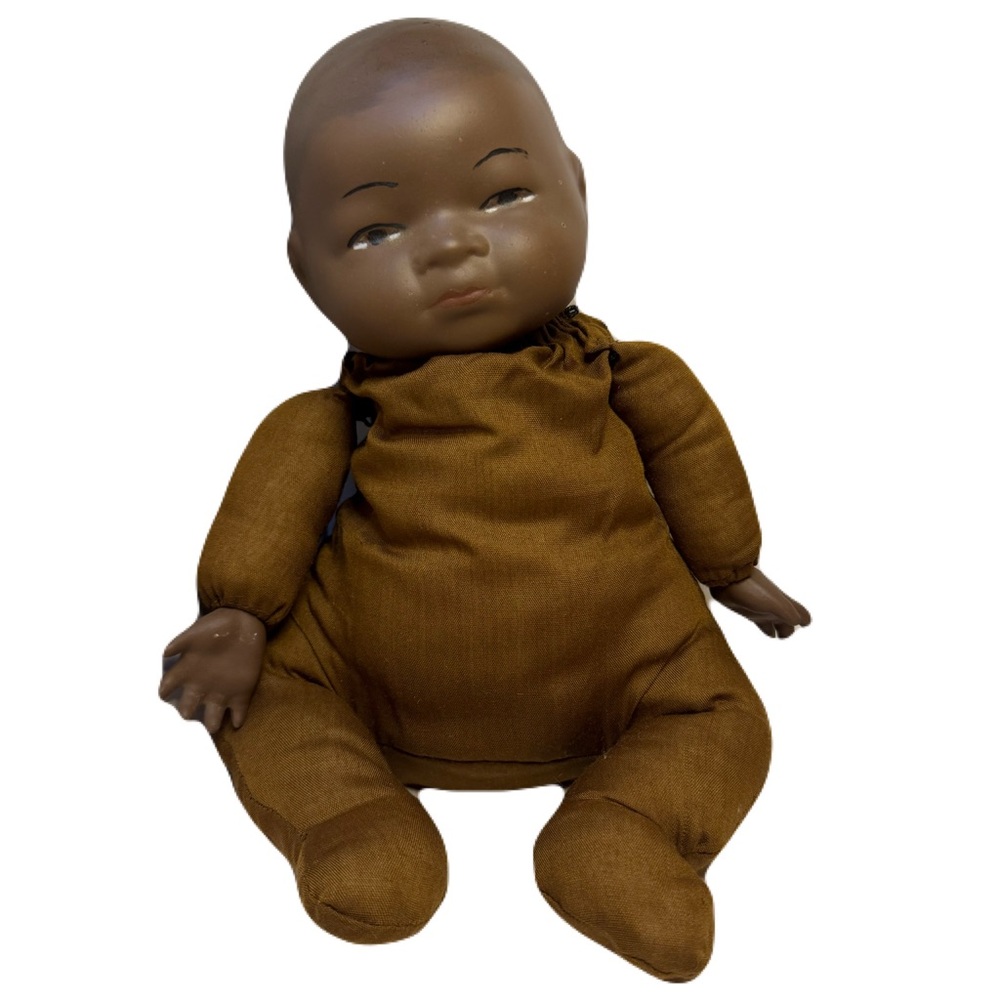 Antique Baby Bisque Porcelain Head & Hands Brown Cloth Body Baby Doll ADORABLE